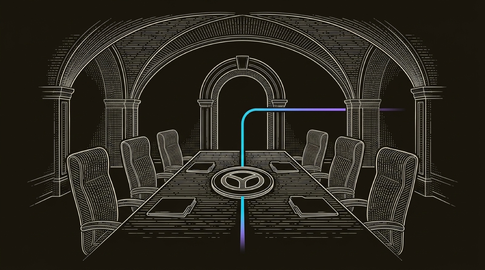 Line-engraving of the enterprise council chamber after consensus, with high-backed seats facing one seal, closed objection folders, and a cyan-to-violet signal path leaving through an open arch.