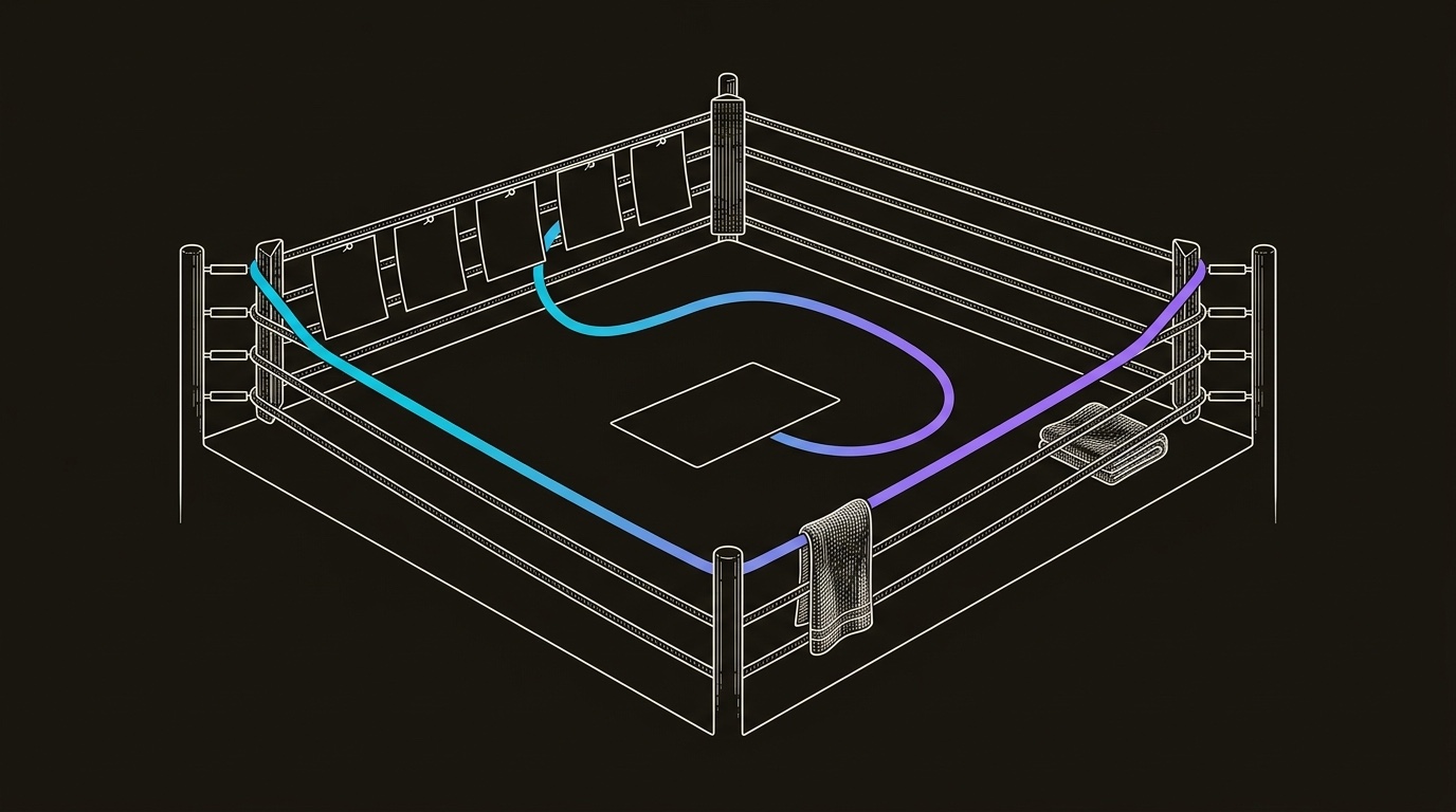 Line-engraving of the same boxing ring after the round, six blank objection cards pinned to the ropes and one accepted meeting card resting on the center mat.