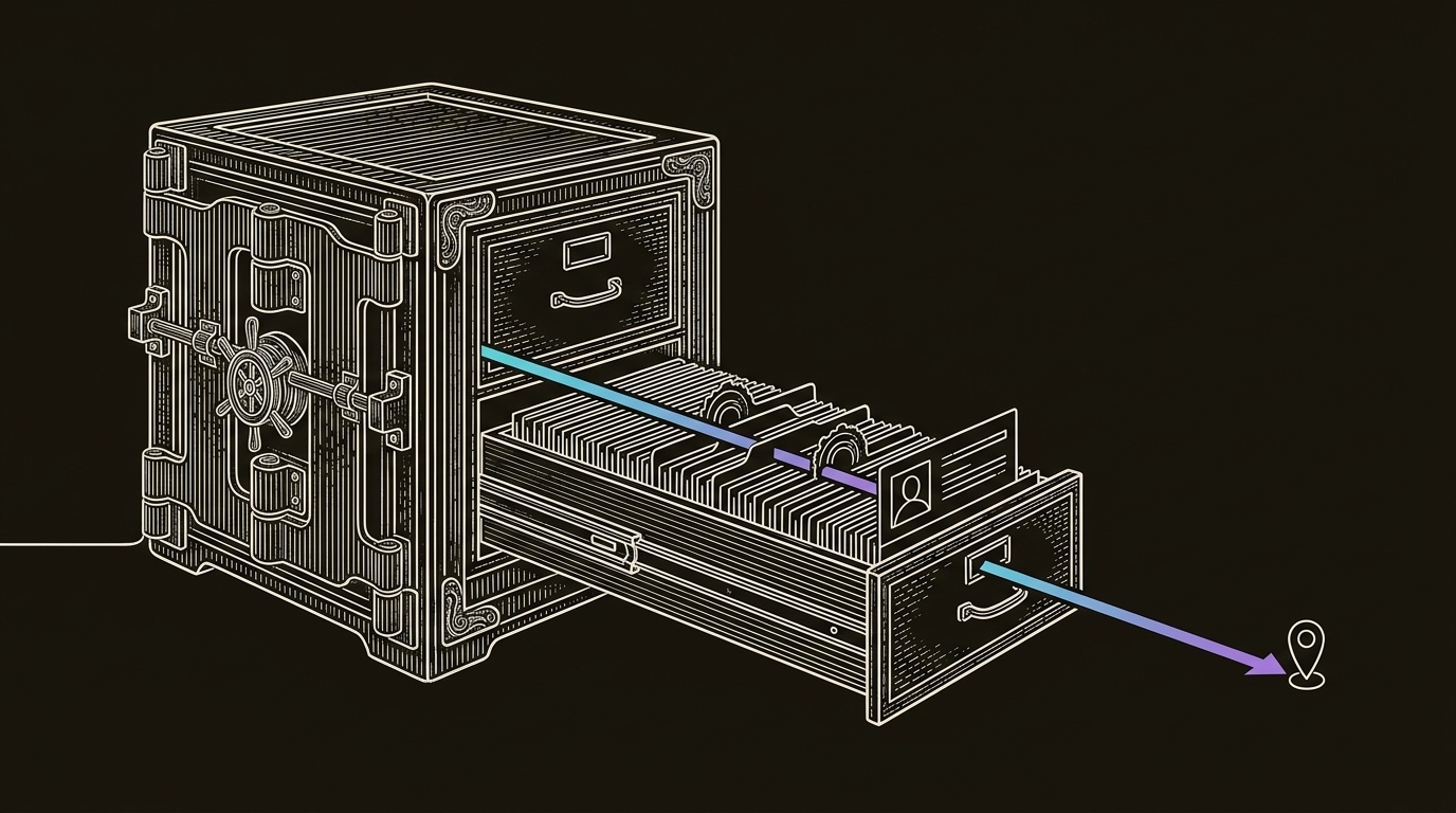 Line-engraving of the consent vault locked and organized, one clean ledger drawer extended into a precise outbound route while brokered scraps fade in shadow.