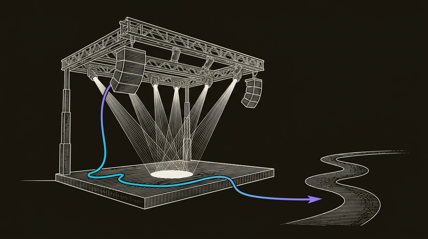 Line-engraving of the modular stage lighting rig after the September release, with five focused beams forming one clean platform mark and a cyan-to-violet cable leaving toward execution.