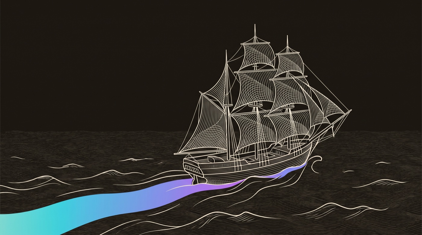 Line-engraving of the ship now afloat and under way on the open water, one gradient wake trailing behind it: the market entered.