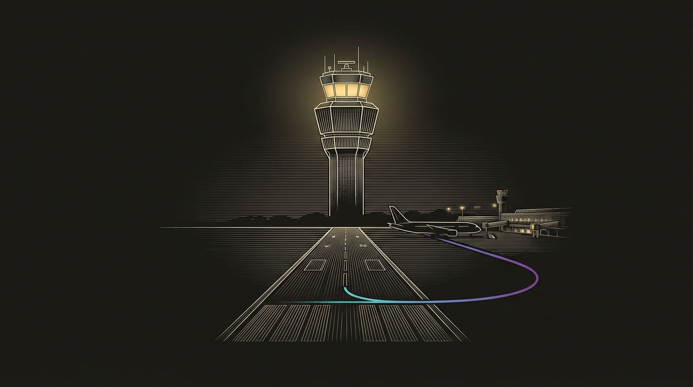 Line-engraving of the same airport approach completed, with one buyer aircraft silhouette parked at a quiet terminal gate while a cyan-to-violet taxiway line carries the resolved outreach context forward.