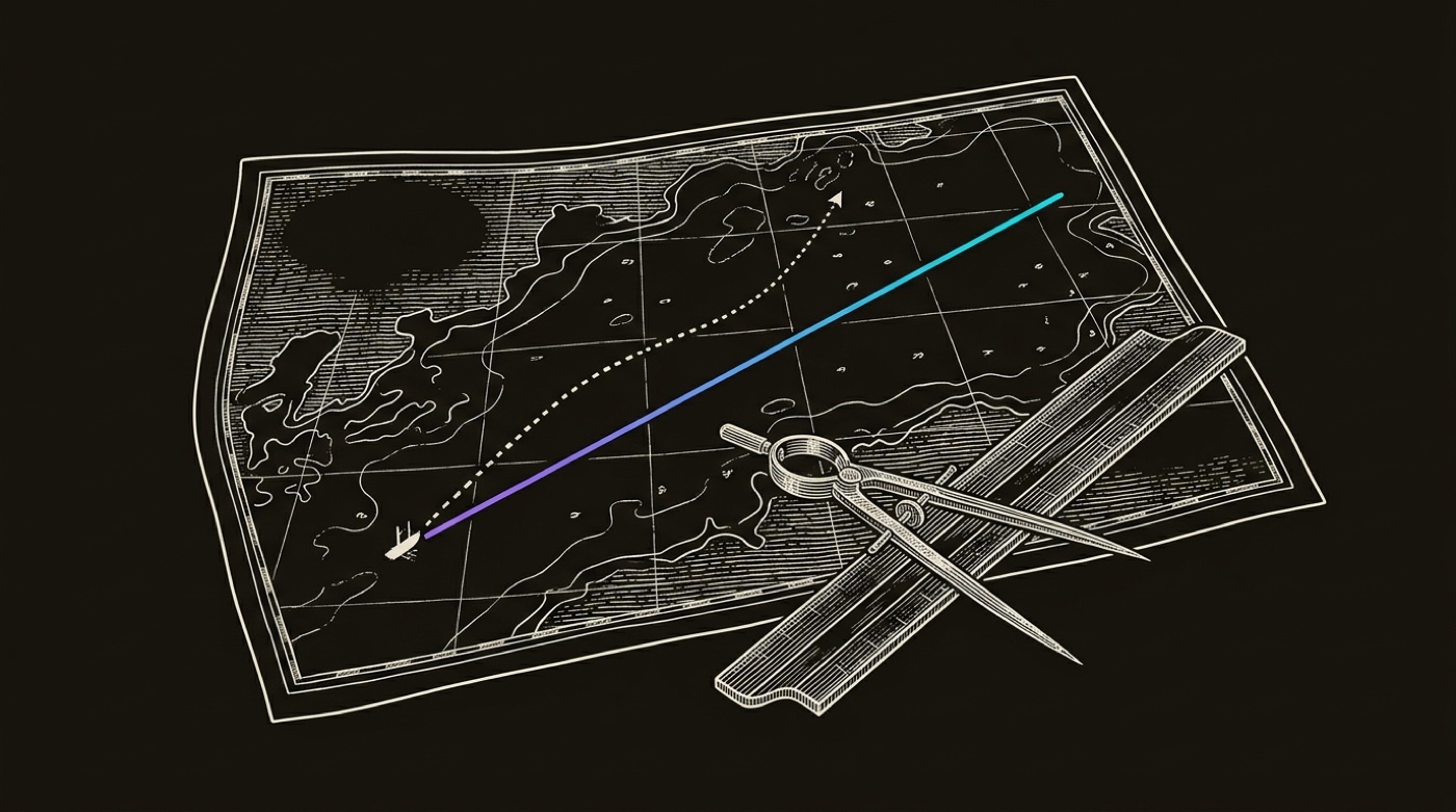 Line-engraving of a navigation chart with the rival's position and course plotted, one gradient bearing line drawn from your own position toward the rival mark: the competitor read, your move set.