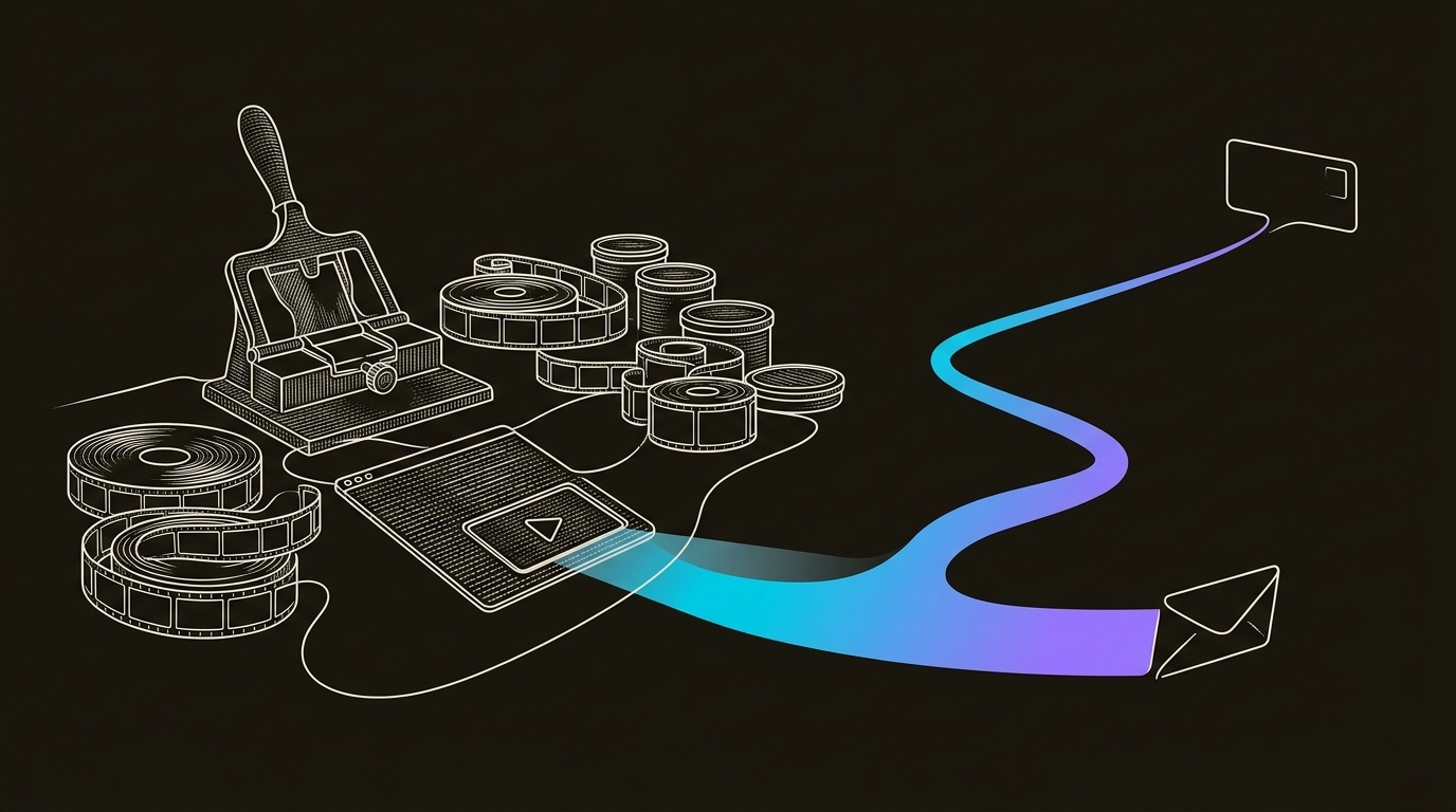 Line-engraving of the video assembly bench after execution, with one selected thumbnail plate sending a cyan-to-violet click path toward a reply card: the video email click turned into pipeline signal.