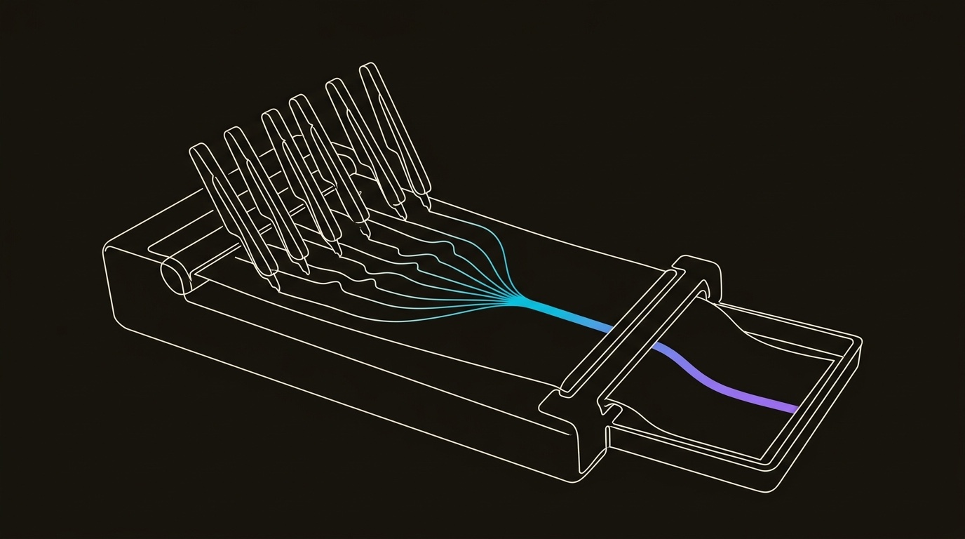 Line-engraving of the vintage chart recorder after the KPI run, seven traces converging into one cyan-to-violet revenue proof strip.