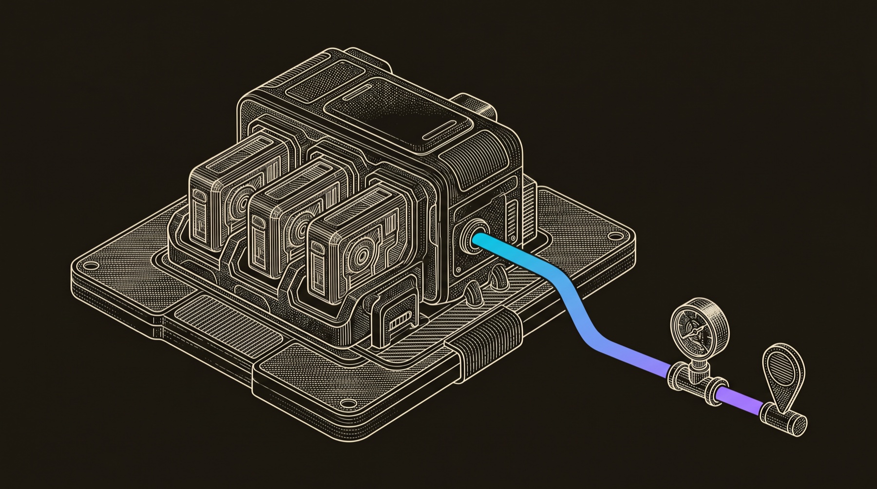 Line-engraving of the modular platform service bay after the Q4 GO Platform upgrades are installed, with three cartridges locked into the graph8 chassis and a cyan-to-violet signal line leaving toward a gauge and meeting marker.