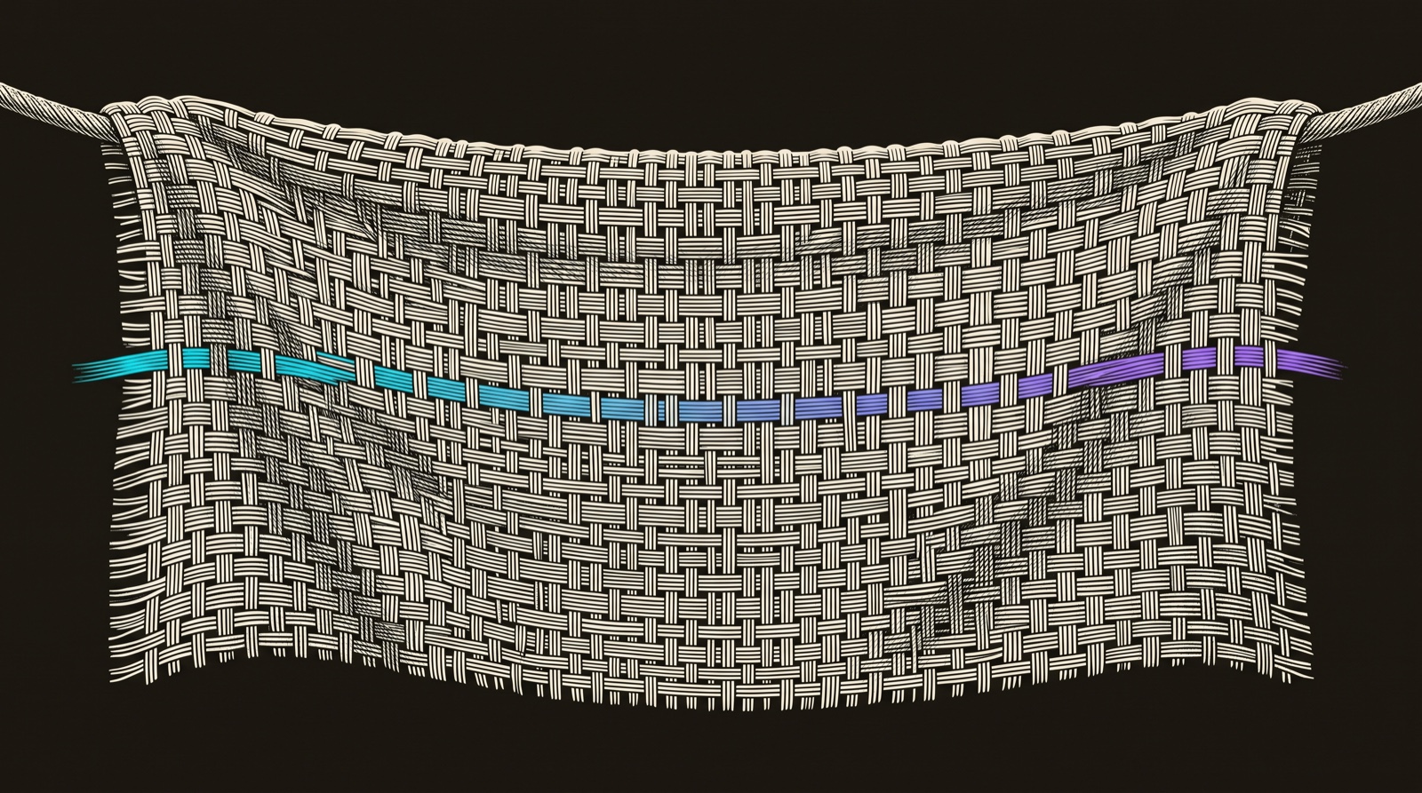 Line-engraving of a finished panel of woven cloth hung taut, one gradient thread woven straight through it edge to edge. Many threads, one cloth.