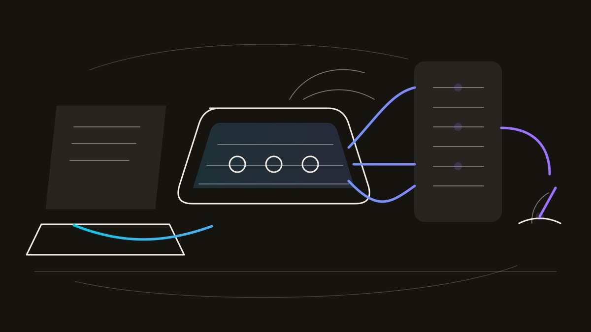 Line-engraving of the newsletter broadcast console after the send, with three notification conduits settled into one subscriber ledger and engagement sparks returning to a simple pipeline gauge.