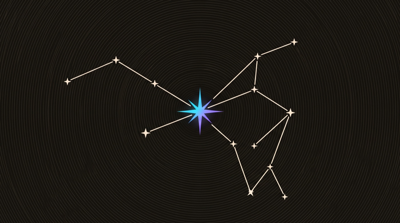 Line-engraving of a finished constellation traced complete against the night, one bright cyan-to-violet star blazing at its heart: the connection made, the relationship formed.