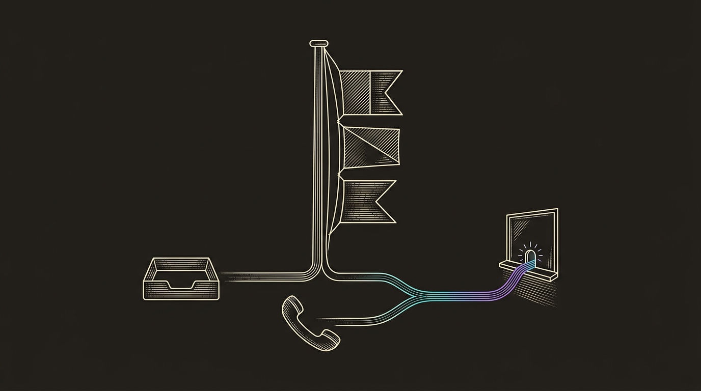 Line-engraving of the signal-flag mast after the outbound code is set, with email and phone paths joining into one gradient line that reaches a lit meeting marker at a target account window.
