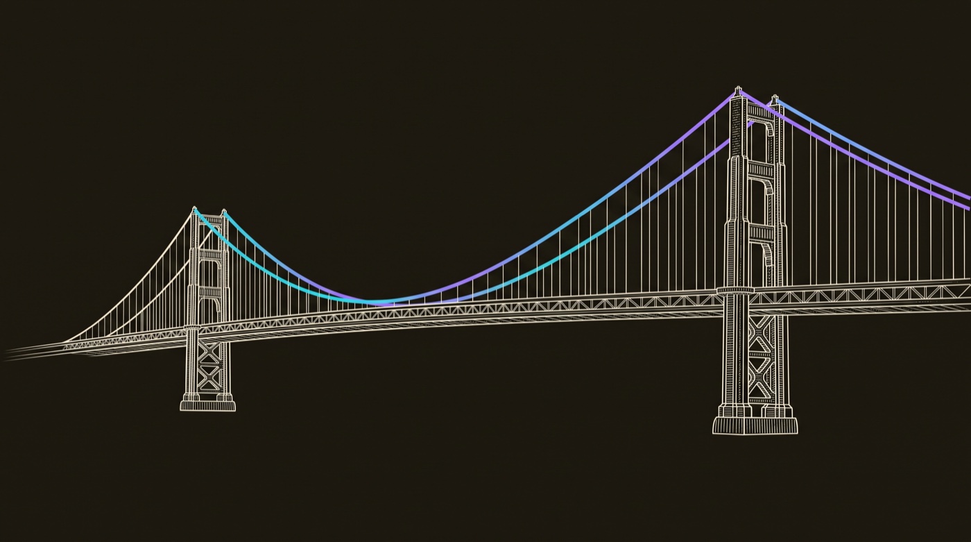 Line-engraving of the finished suspension bridge, its full deck spanning between the towers and carried by the one taut gradient main cable: the span holds, the authority built.