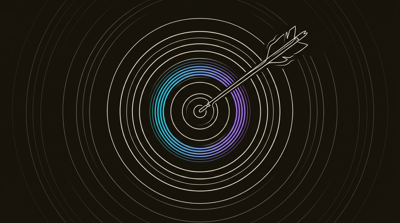 Line-engraving of one arrow struck dead-center in the bullseye, gradient rings rippling out from the middle: the aligned outcome, the meeting booked.