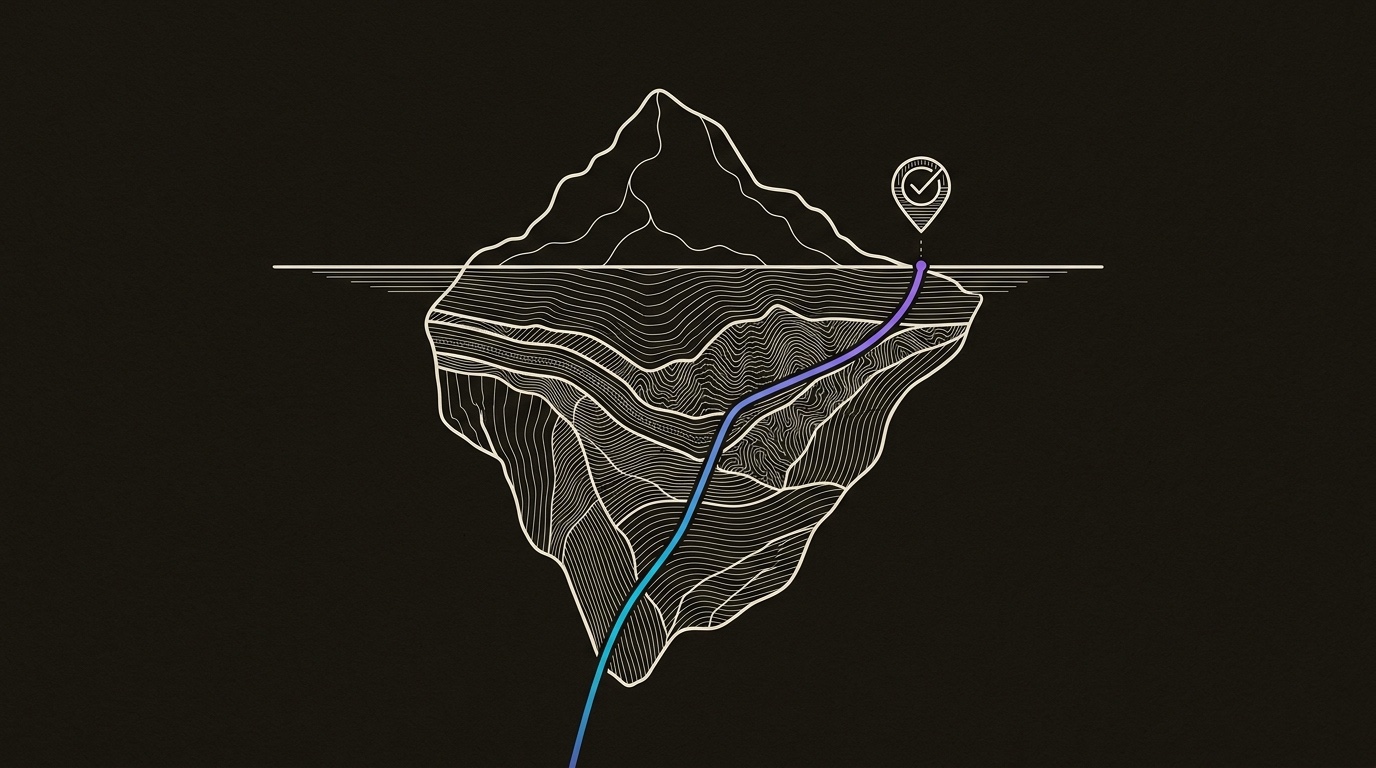 Line-engraving of the same iceberg after the cost survey is mapped, with one cyan-to-violet route rising from deep water to a calm qualified-meeting marker above the surface.