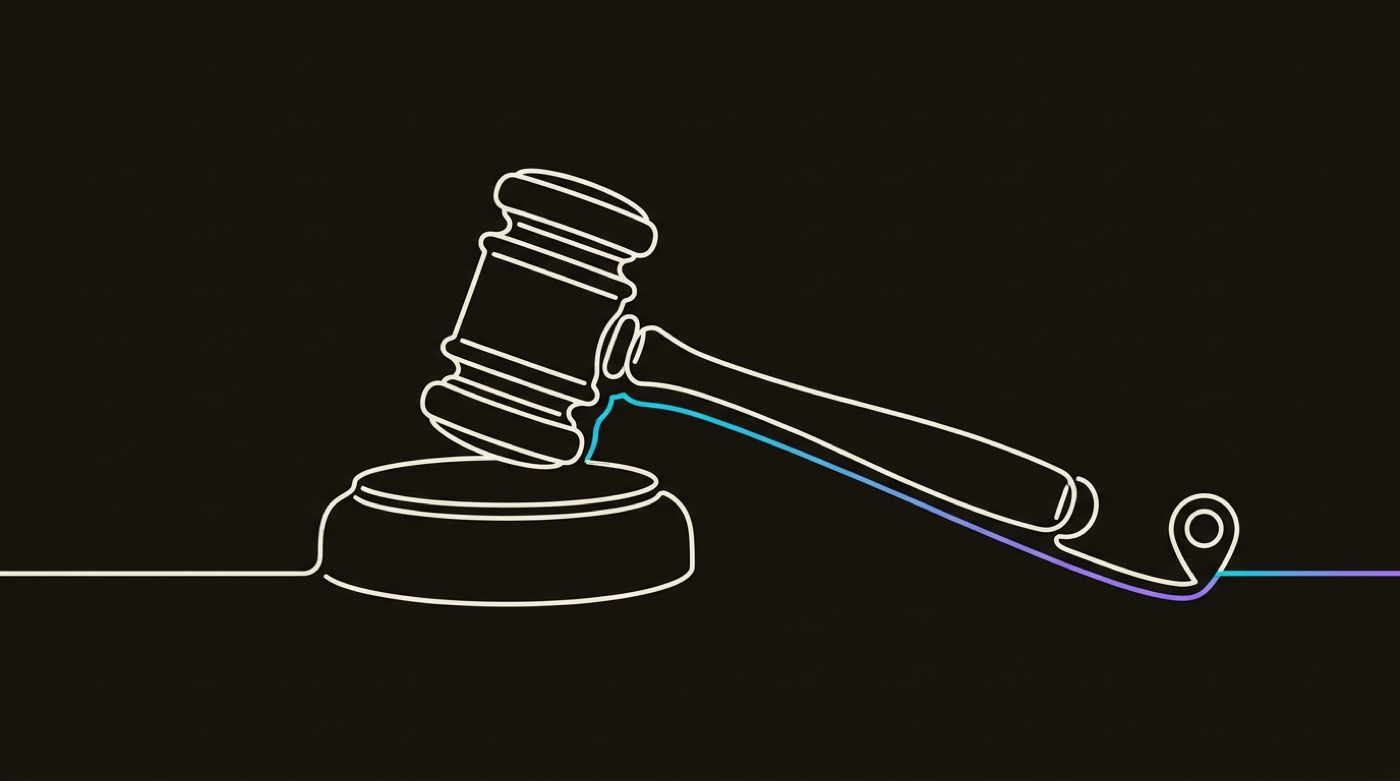 Line-engraving of the gavel come to rest, a single gradient line running from the strike out to one delivered marker: the bid won, the one ad routed down the live connection.