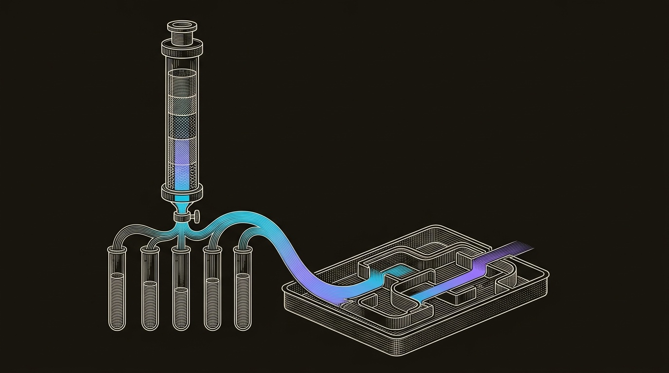 Line-engraving of the same chromatography bench after the sales data run is complete, with five clean separated bands pouring into one calm pipeline plan tray.