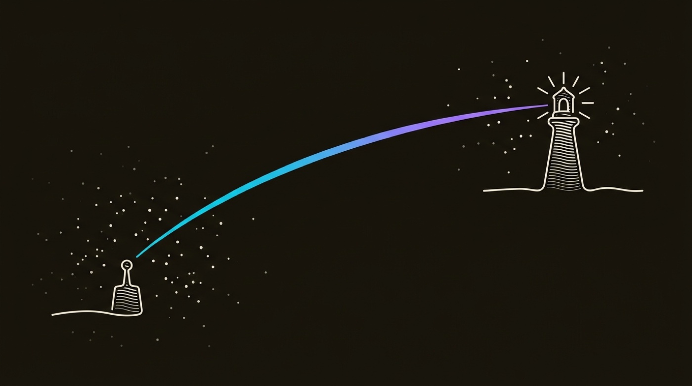 Line-engraving of one clean gradient signal line arcing from a transmitter to a single lit beacon, the surrounding noise faded to almost nothing: the one in-market account, reached.