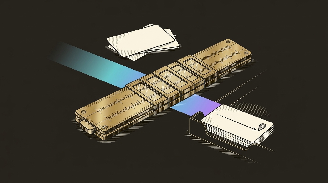 Line-engraving of the probability slide rule set, rejected account cards aside and one selected card entering an SDR work tray on a cyan-to-violet route line.
