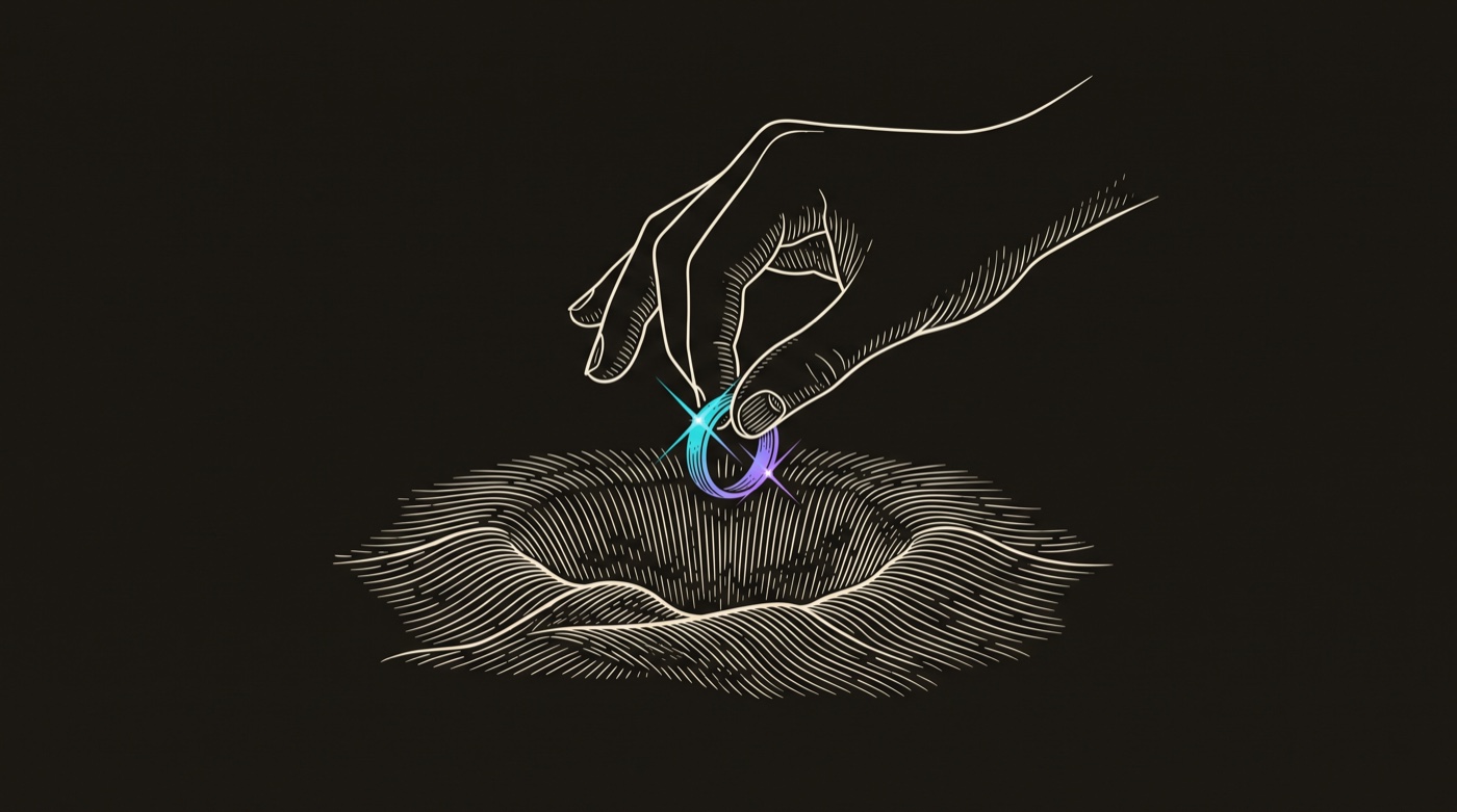 Line-engraving of a hand lifting the one found ring up out of the dug sand, a gradient signal glinting off it: the qualified prospect, surfaced from the noise.