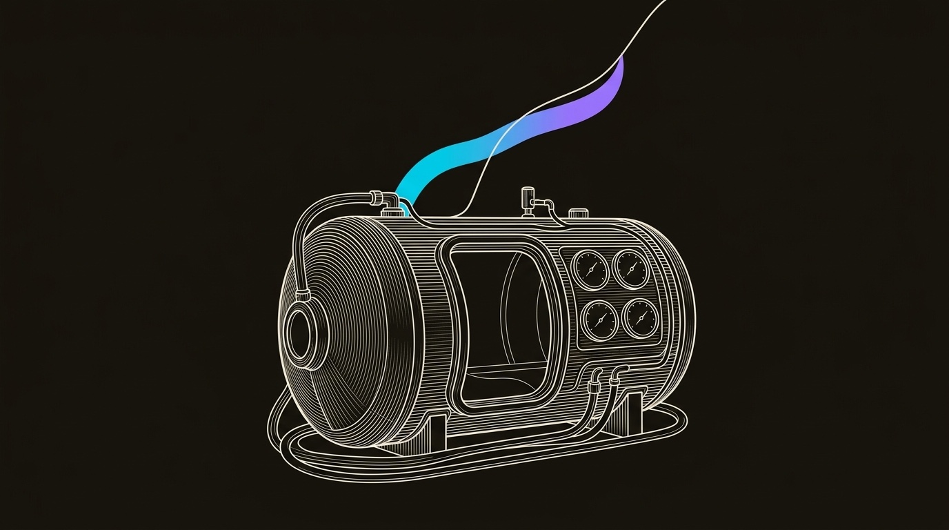 Line-engraving of the same deep-sea decompression chamber after the pressure is balanced, with gauges settled, hoses routed, and a cyan-to-violet ascent line rising from the open work capsule.