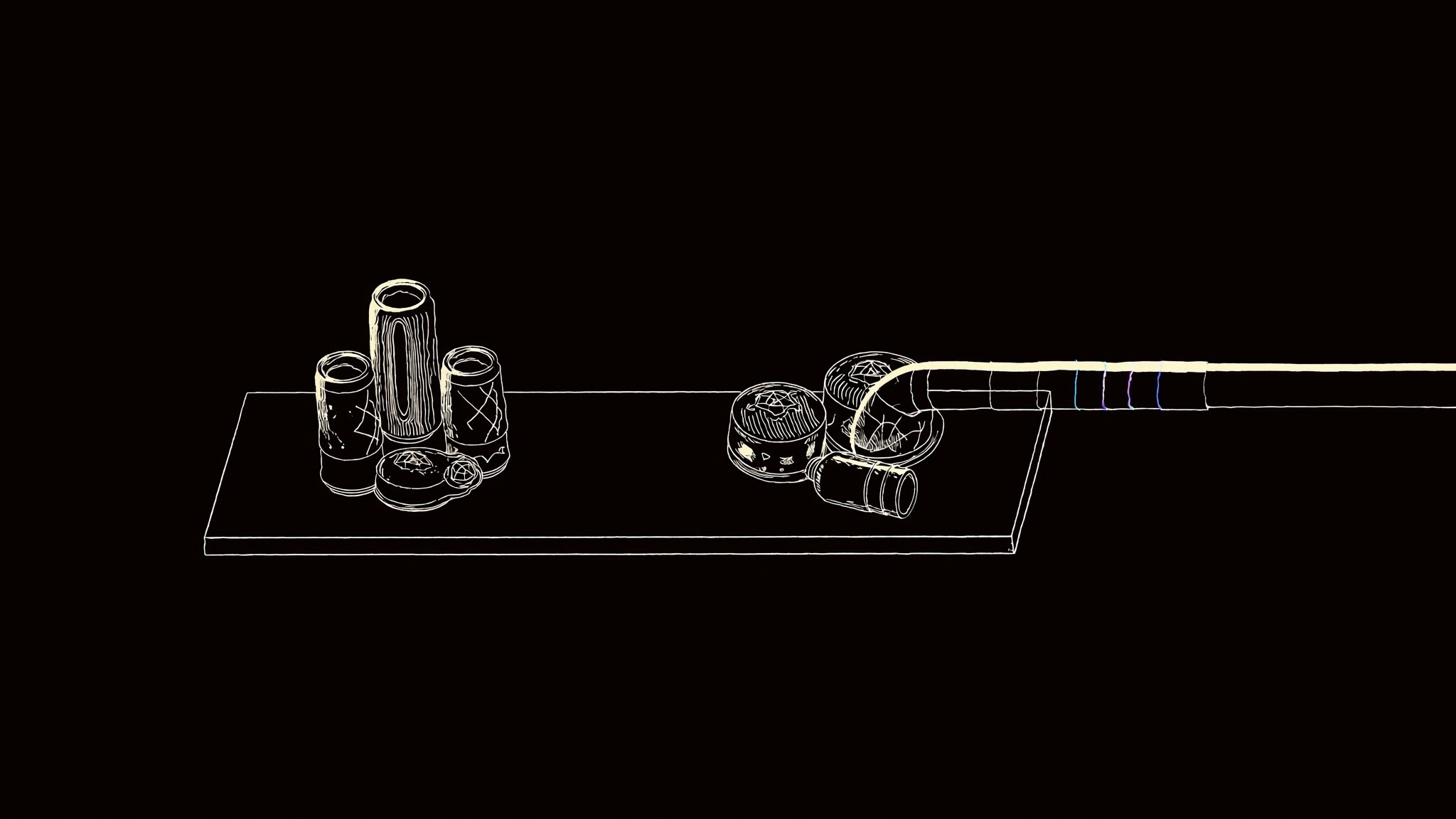 Line-engraving of finished ceramic meeting vessels cooling beside one cyan-to-violet kiln line: targeted SDR list building, channels, content, data, and measurement fired into one operating system.