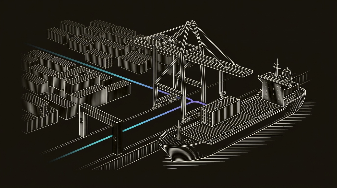 Line-engraving of the SDR outsourcing container terminal after the work is complete, one qualified-meeting container loaded onto a waiting sales vessel while the raw prospect yard sits quiet behind it.
