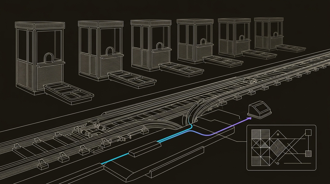 Line-engraving of six archived passport-control booths behind a finished engineered rail and one cyan-to-violet route into a control terminal: award proof converted into a compounding GTM system.
