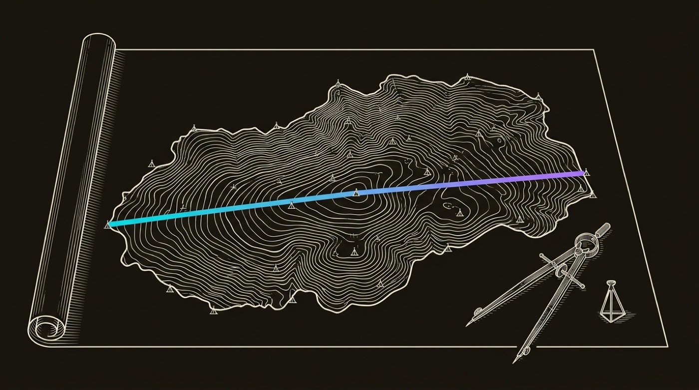 Line-engraving of the finished survey drawing unrolled flat, plotted contour lines and triangulation marks with one gradient baseline drawn across it: the real ground of the role, measured.