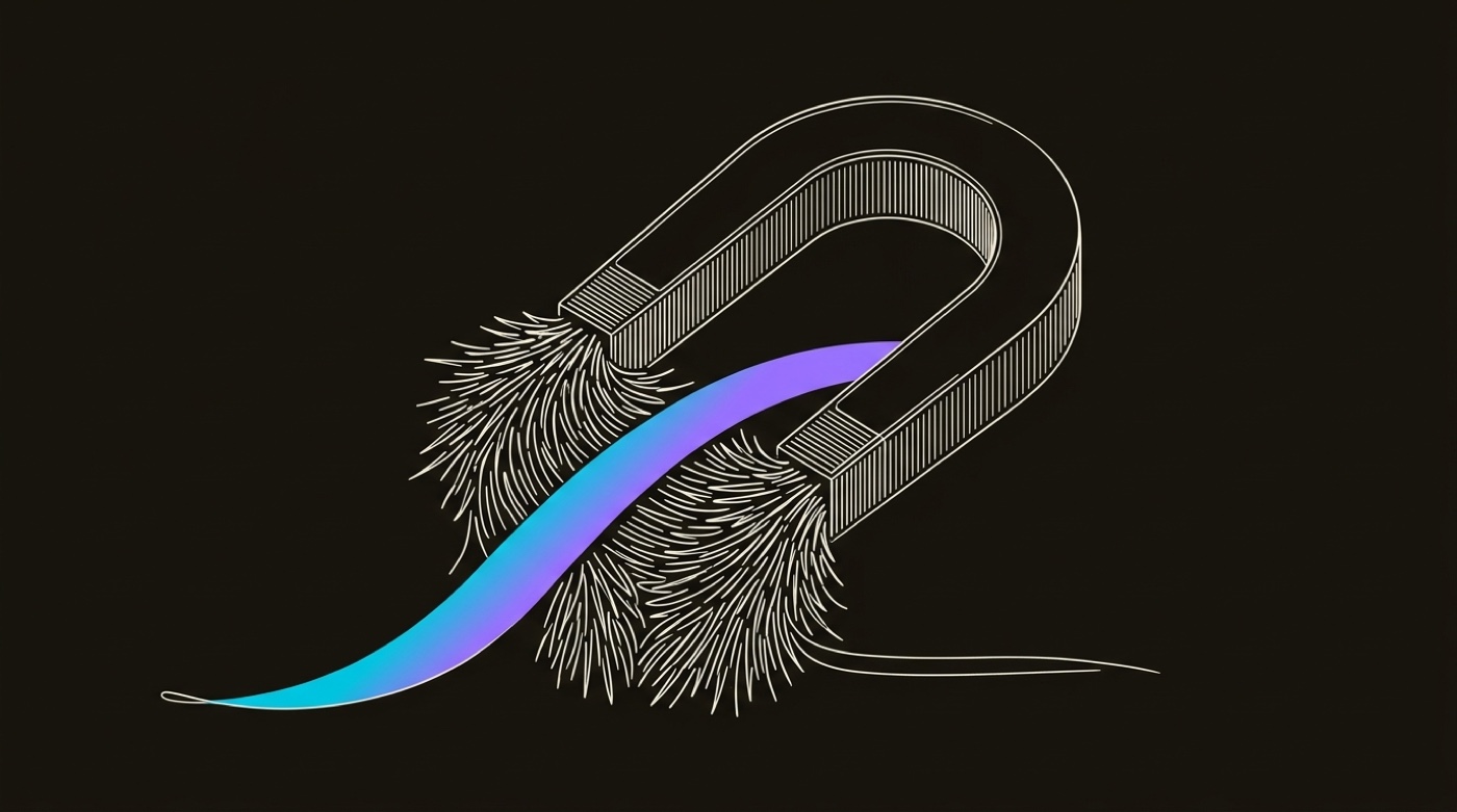 Line-engraving of a horseshoe magnet holding one dense, aligned cluster of iron filings with a single gradient signal running through it: the qualified pipeline, assembled out of the noise.
