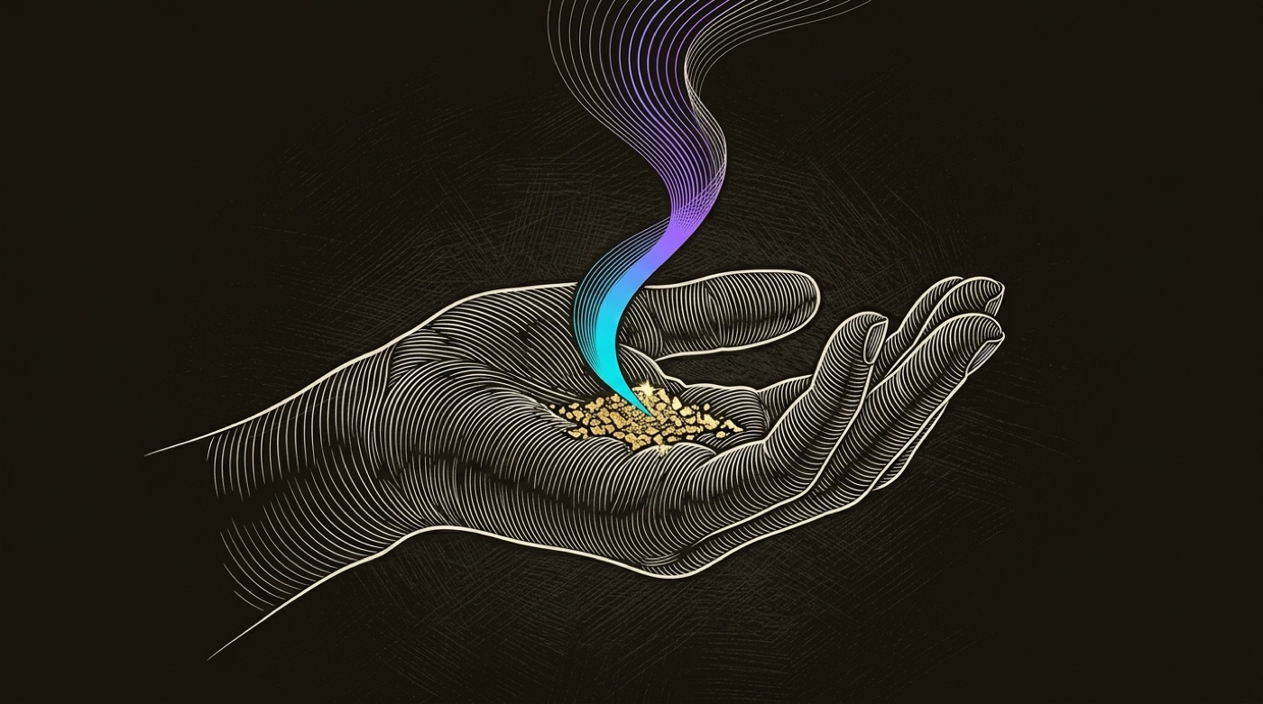 Line-engraving of an open cupped palm holding the panned-out gold flecks, a single gradient ribbon of signal rising from them: the exhaust refined to what matters.
