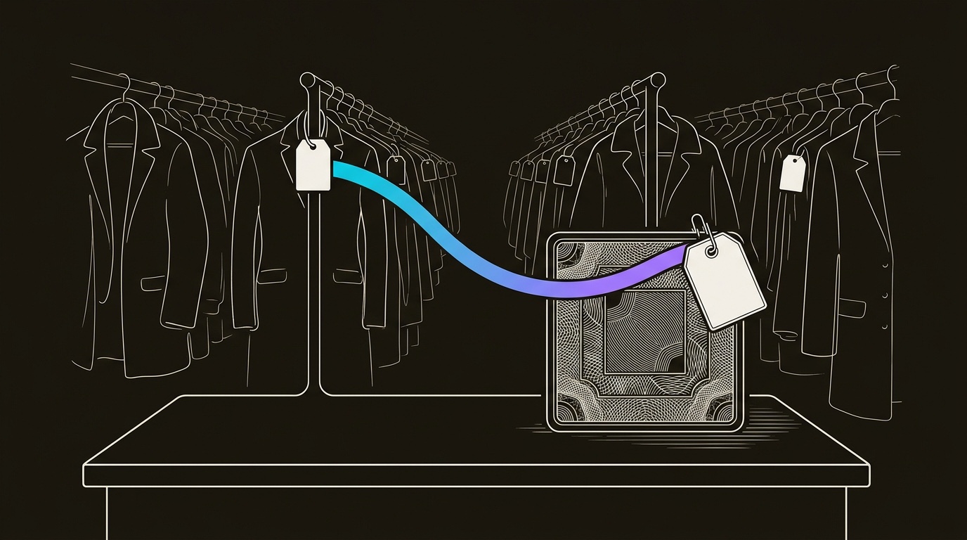 Line-engraving of the same cloakroom after the match is made, one blank claim tag clipped to a returned customer card while coats hang in quiet rows behind it.