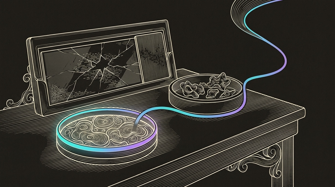Line-engraving of the live audience culture tray after refresh, cracked specimen slide closed behind it, one cyan-to-violet nutrient line leaving toward outbound execution.