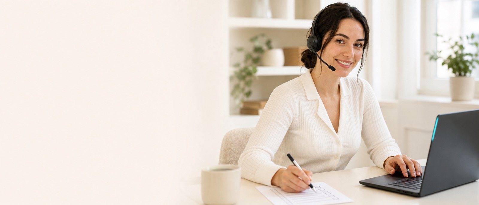 An anonymous inbound SDR on a headset qualifying a lead while marking a checklist.