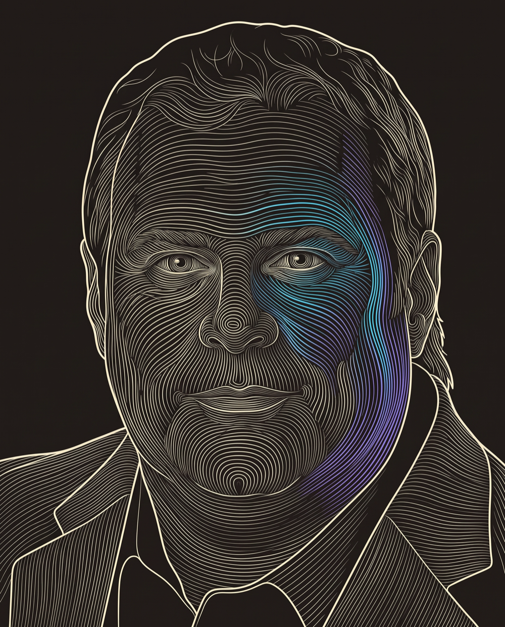 Cream line-engraving portrait of Tim Disa Jr., Co-Founder at Powered Lead Generation for DoctorPodcasting.