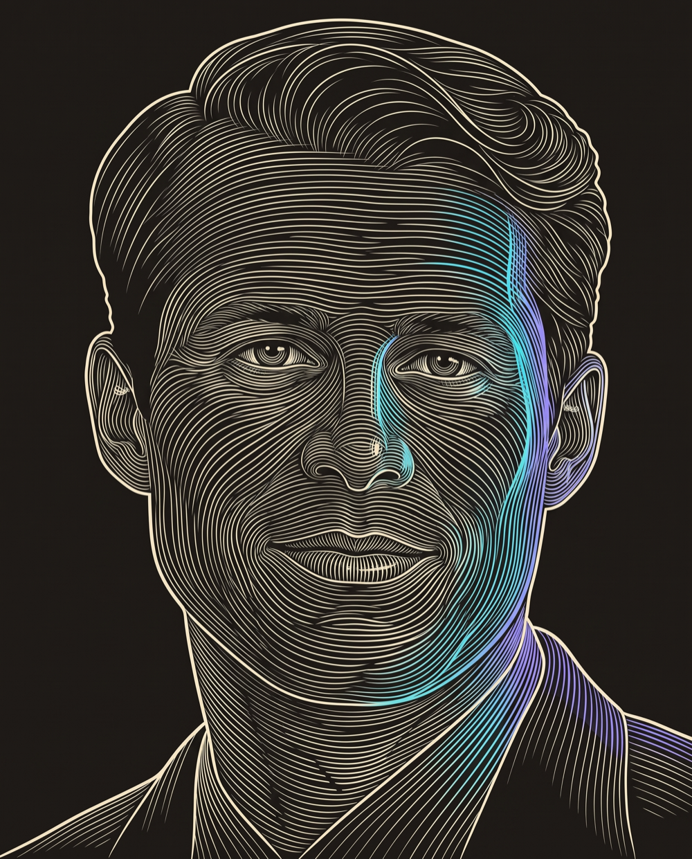 Cream line-engraving portrait of Brett Hall, VP of Sales & Marketing at Connecting a Unique Streaming Advertising Company with Ideal Clients.