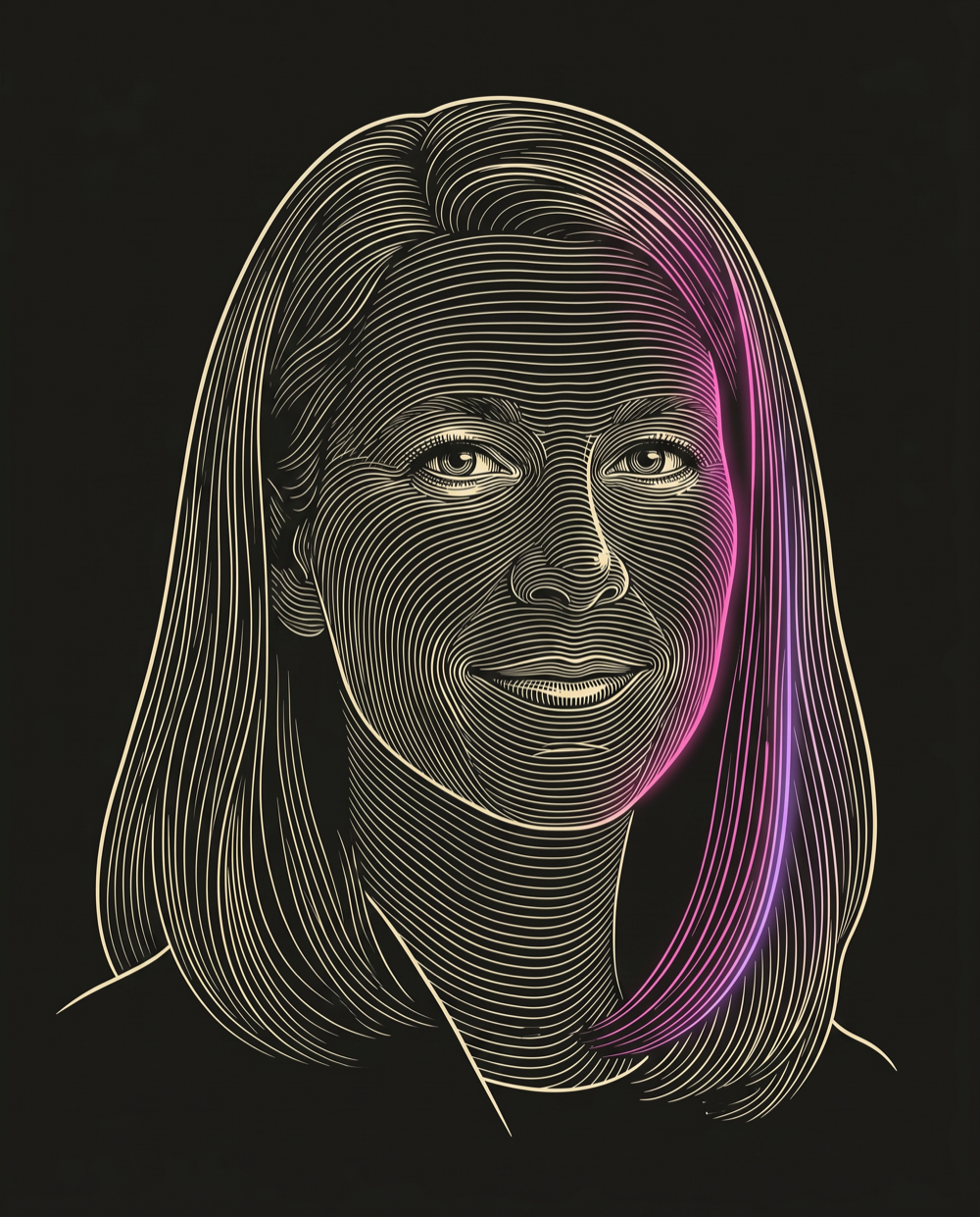Cream line-engraving portrait of Danna Hendrickson, Head of Demand Generation at Helped Fairygodboss Scale Their Business.