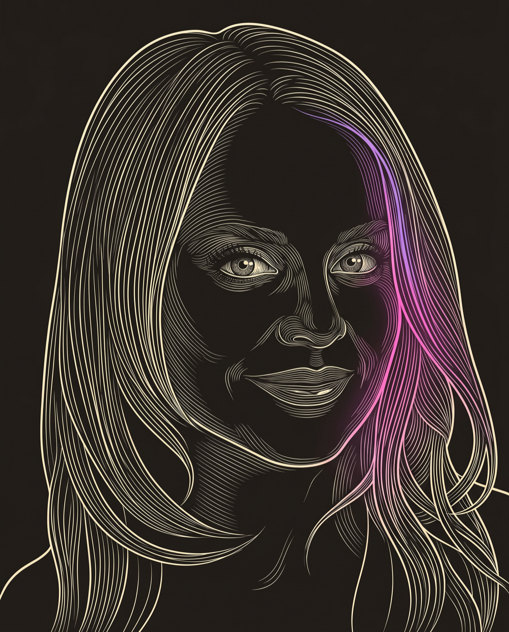 Cream line-engraving portrait of Courtney Burton, Founder and Event Producer at The Machine Learning Conference Attracted Needle-Moving Attendees.