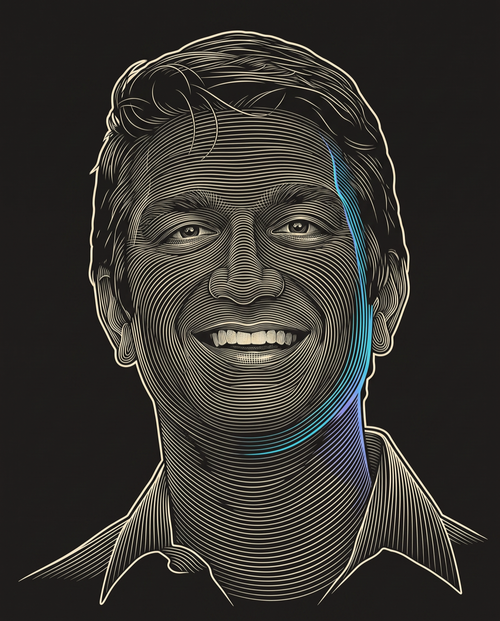 Cream line-engraving portrait of Manoj Dadlani, CEO at CosmosID.