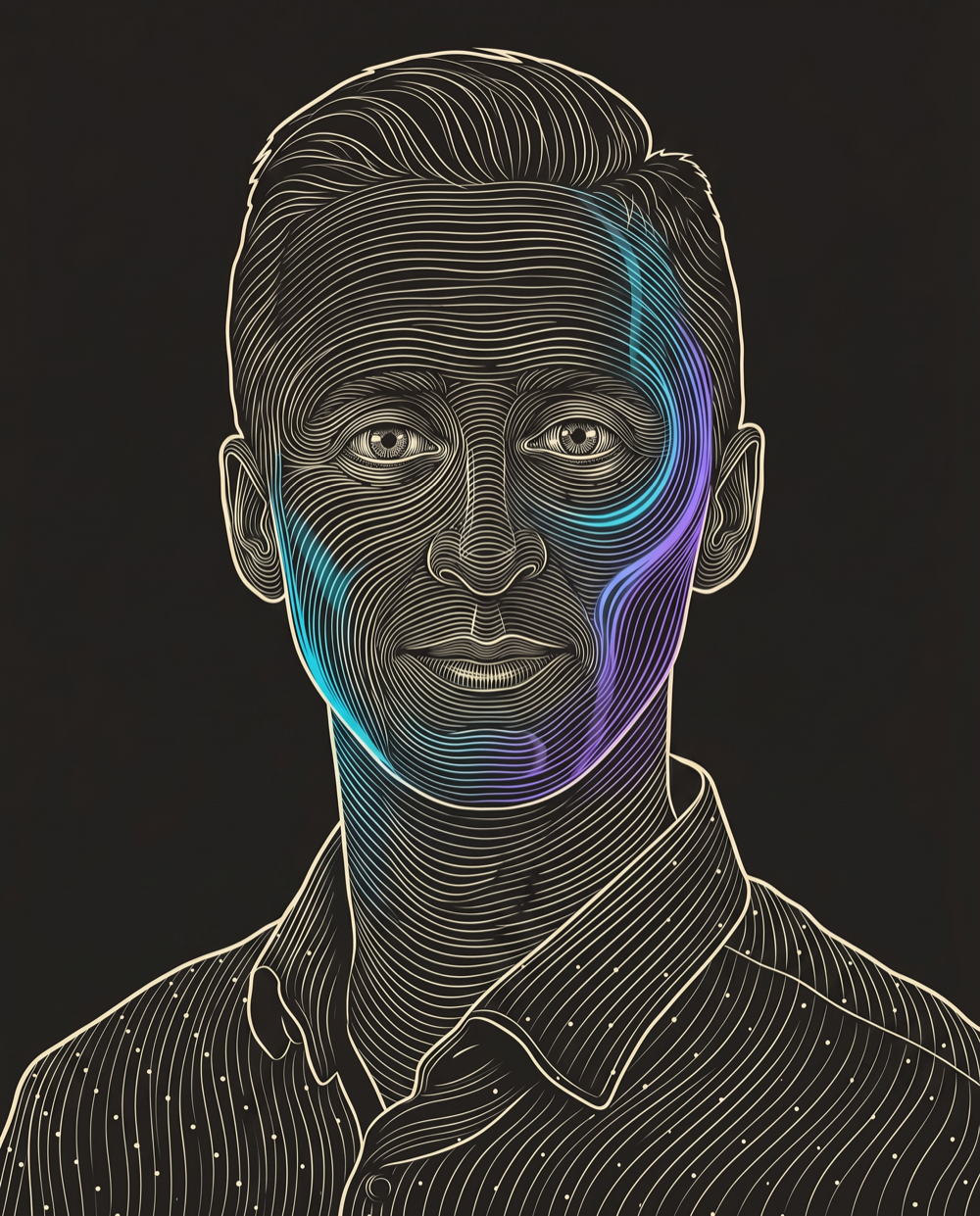 Cream line-engraving portrait of Justin W. Boggs, Co-Founder & Chief Revenue Officer at Marketplace Valet.