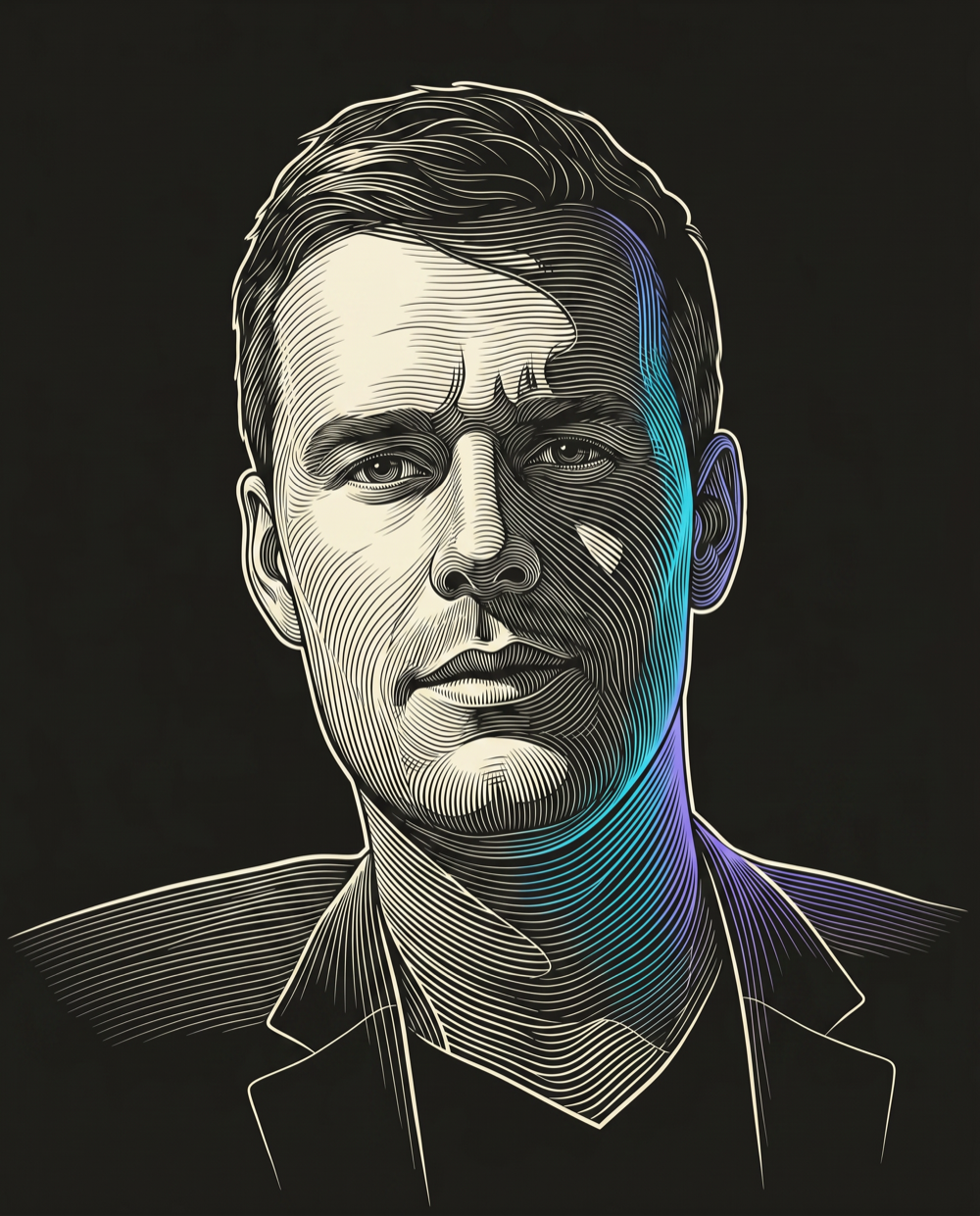 Cream line-engraving portrait of Peter Ceccarelli, Director of Business Development at Guided Ori into the B2B Outbound Lead Generation.