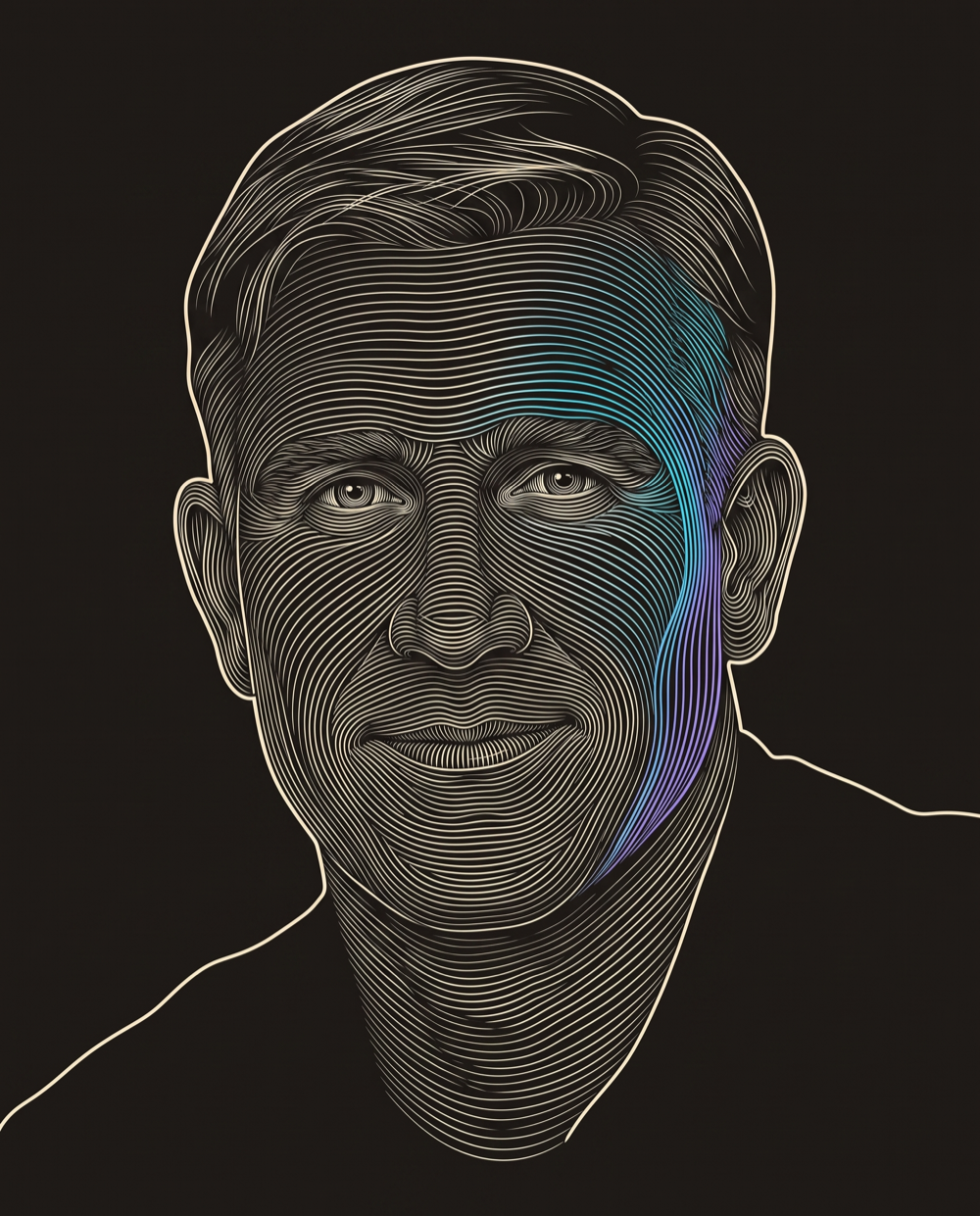 Line-engraving portrait of Sean Ellis