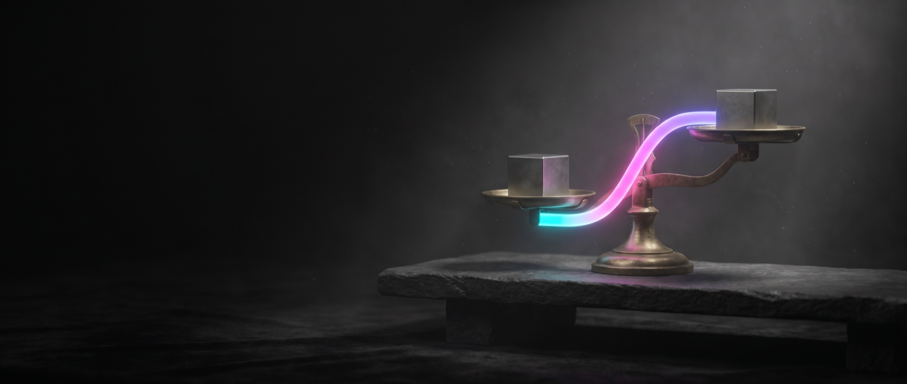 Cinematic still: an antique brass balance scale on dark velvet, the beam tipping toward a single disc glowing in the brand gradient.